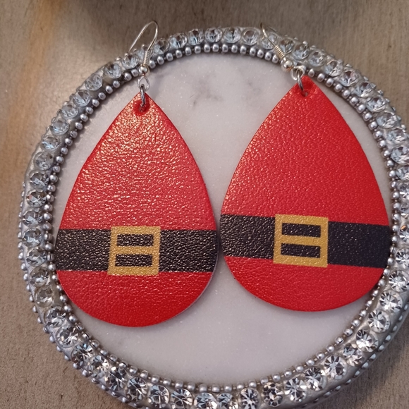 Red Leather Teardrop Santa Belt Dangle Drop Earrings - Picture 2 of 5